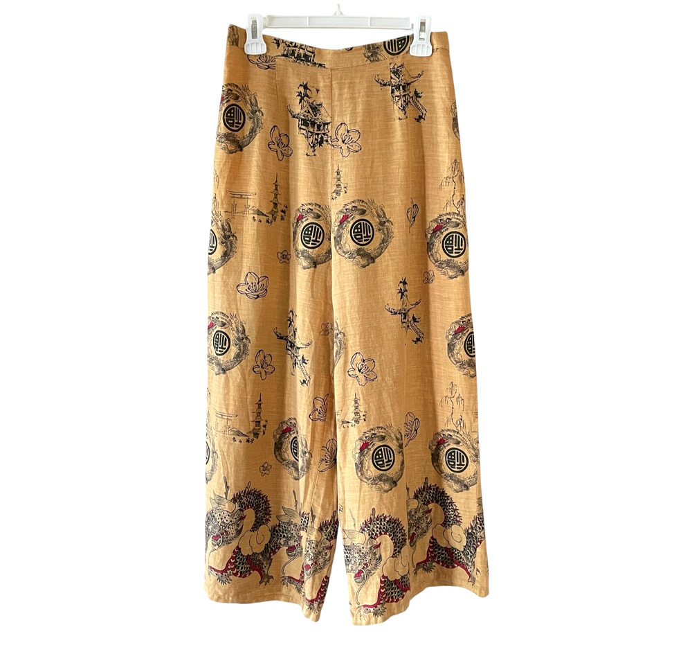 CITRON SANTA MONICA Size Large Yellow Linen Asian Dragon Print Side Zip Pants